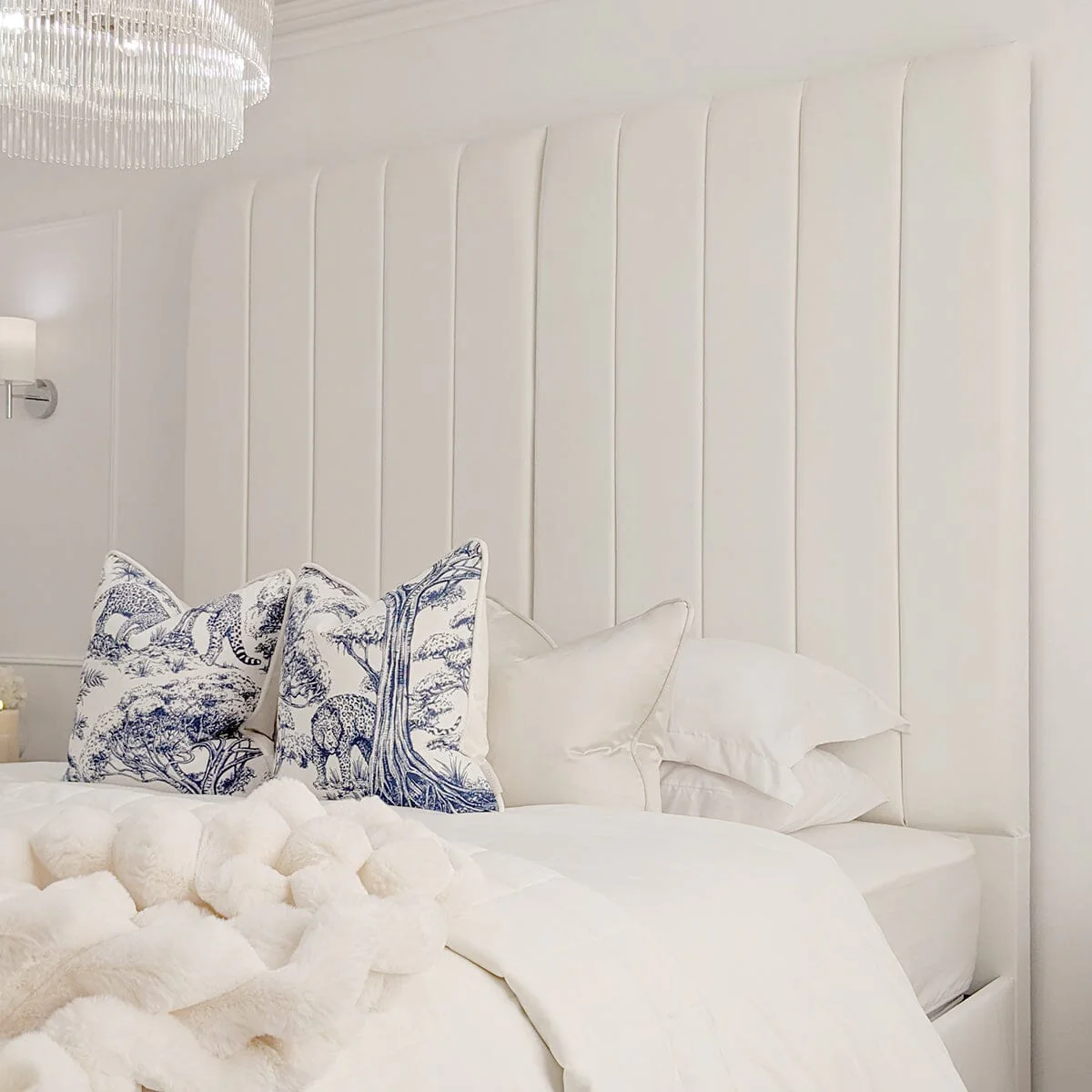 Zana Porcelain White Velvet Luxury Panelled Bed - Image 3