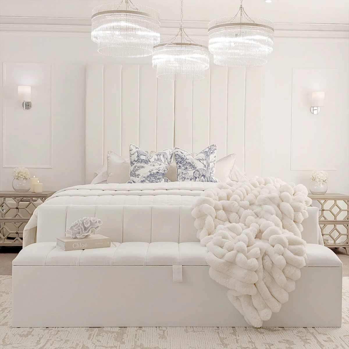 Zana Porcelain White Velvet Luxury Panelled Bed - Image 4