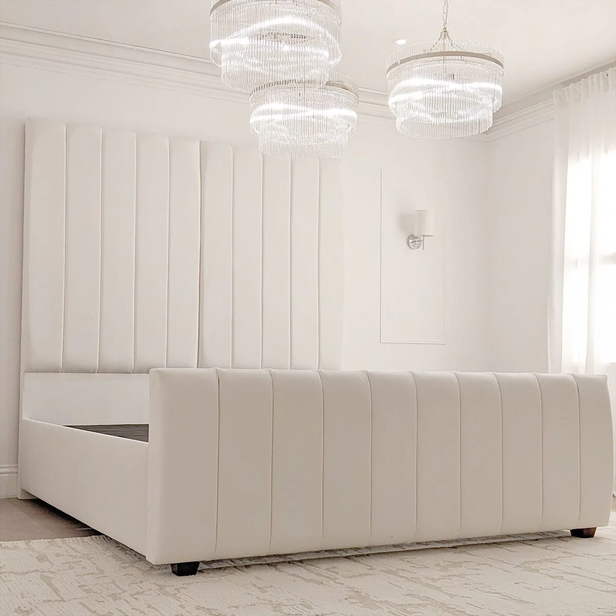 Zana Porcelain White Velvet Luxury Panelled Bed - Image 5