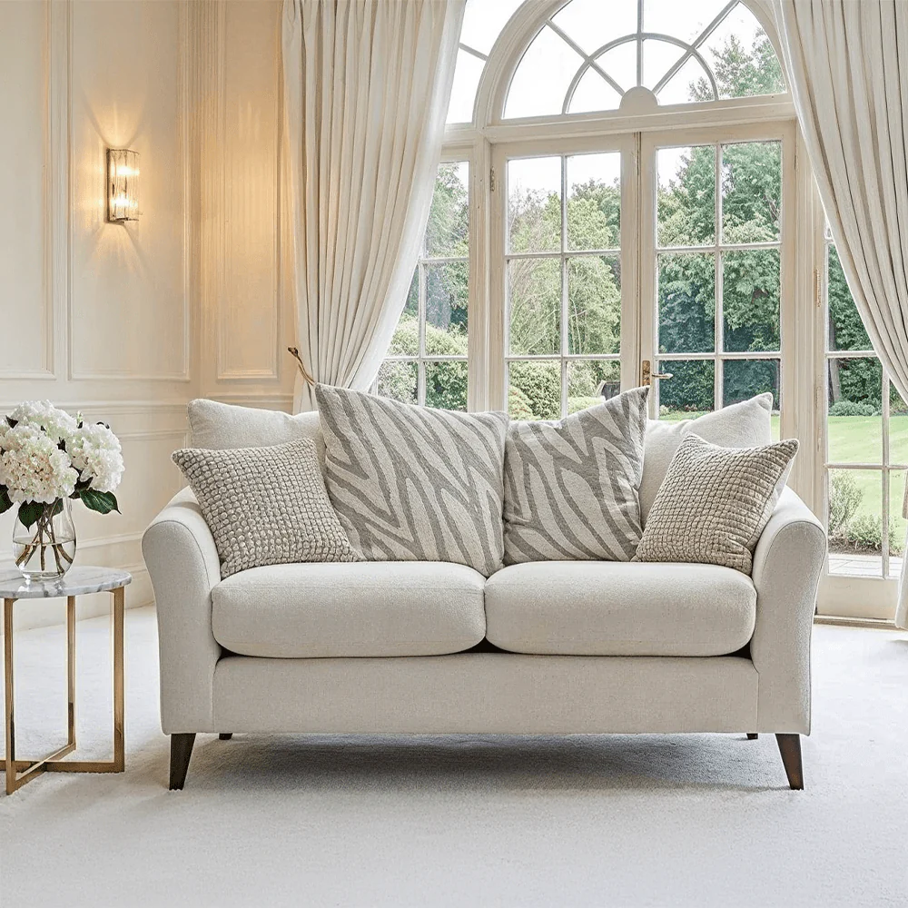 Zelda Cream Textured Chenille Pillow Back 2 Seater Sofa with Patterned Accent Cushions