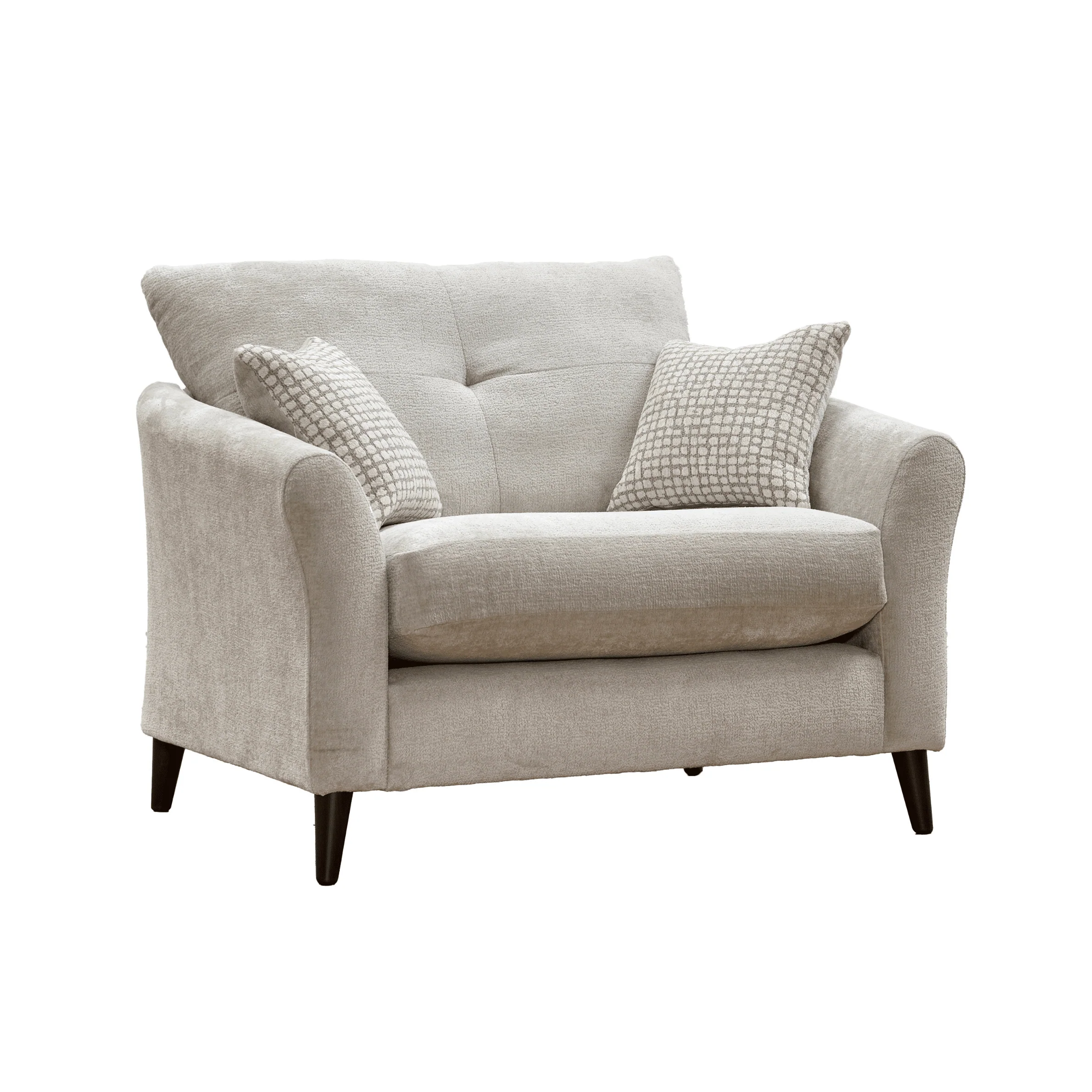 Zelda Pearl Grey Textured Chenille Love Seat with Patterned Accent Cushions - Image 2